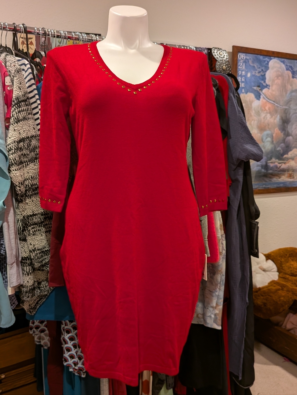 Calvin Klein Red V-Neck Midi Dress with Gold Stud Trim - XL